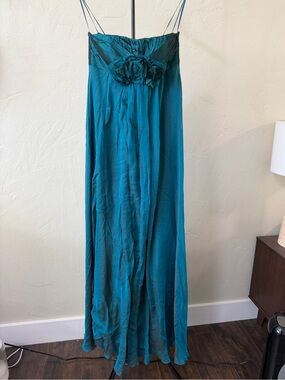 Teri Jon Teal Strapless Evening Gown with Floral Bodice